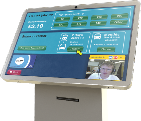 Self-service kiosks with live video assistant embedded